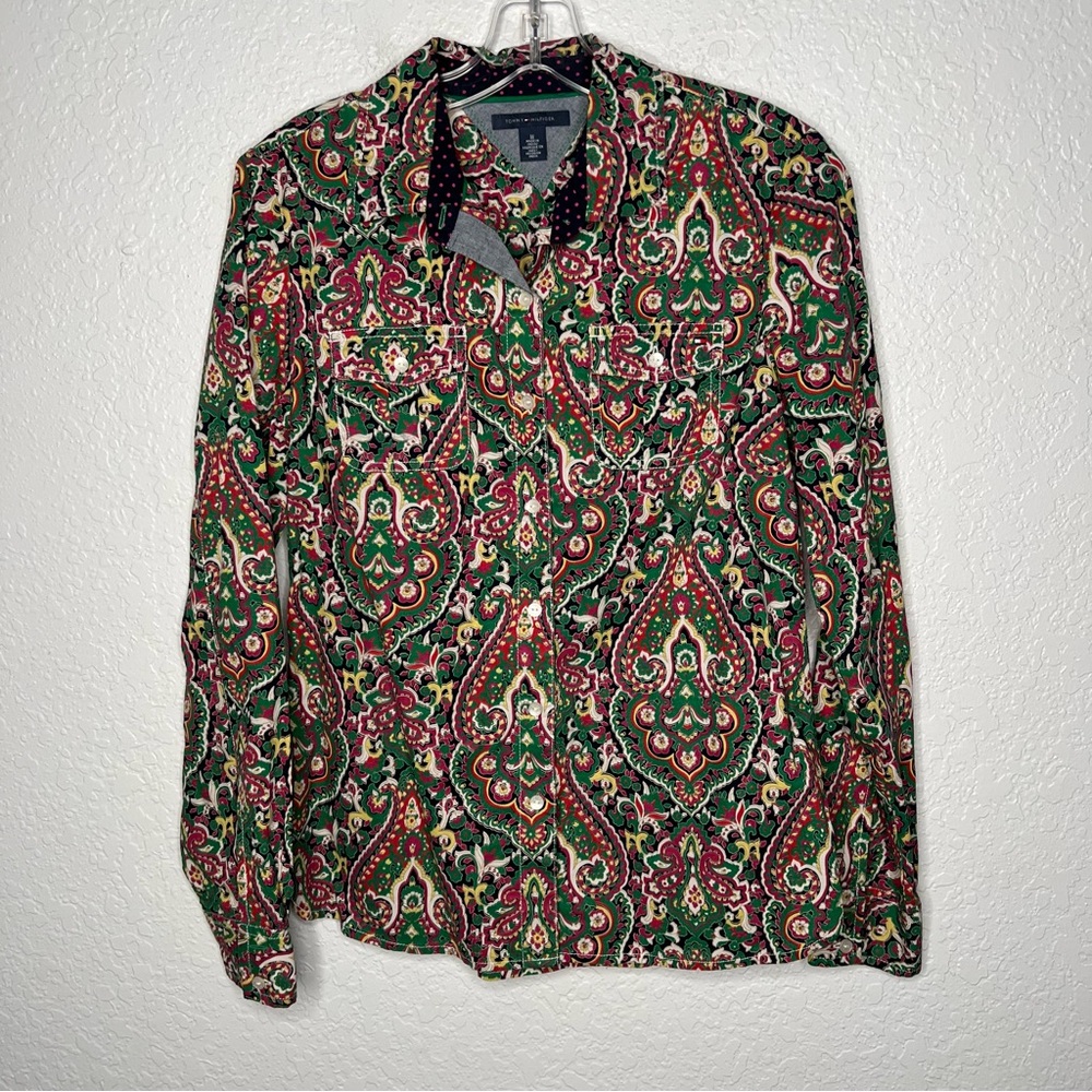 Tommy Hilfiger Women Green Paisley Button Up Roll Tab Sleeves Blouse Medium